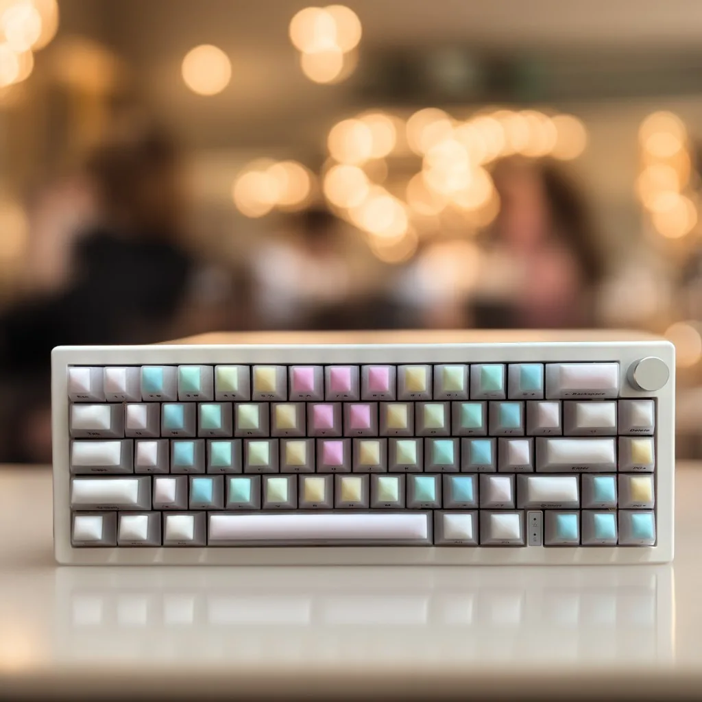 TAPÉ Daydream, a pastel mechanical keyboard on a coffee shop table, ideal for comfortable typing with long nails while working.