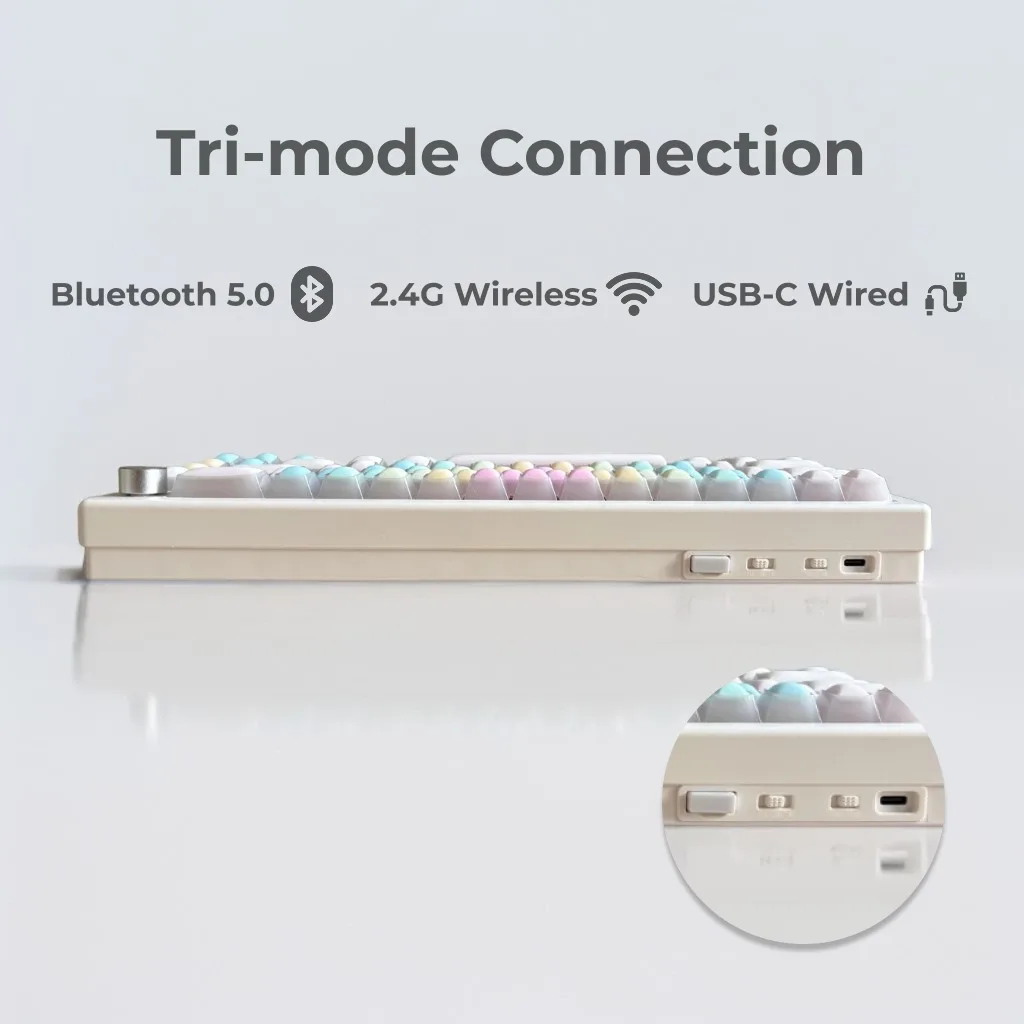 Rear view of the TAPÉ Daydream pastel mechanical keyboard with rainbow gradient keycaps, featuring a nail-friendly design for comfortable typing with long nails.